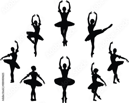 Ballet dancer silhouette collection, female classical dance poses tutu elegance isolated on white background illustration vector set art design packBallet dancer silhouette collection, female k