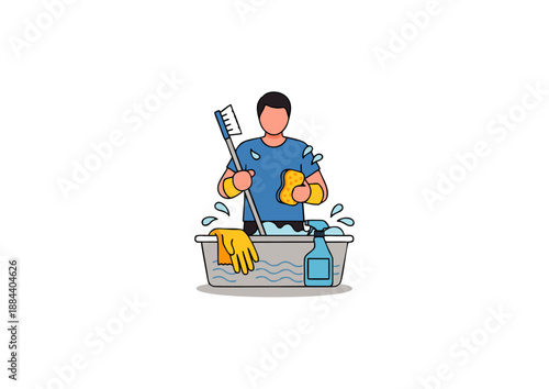 A person cleaning with a brush, sponge, and cleaning solution in a tub of water