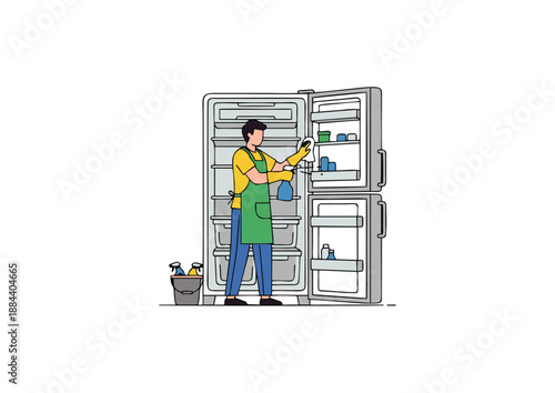 Diligent Cleaning Service Worker in Apron and Gloves Thoroughly Wiping and Organizing the Inside of an Open Refrigerator, Focusing on Kitchen Hygiene and Home Maintenance