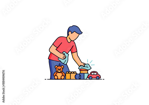 Man cleaning toys, tidying up play area and tidying up playroom for children