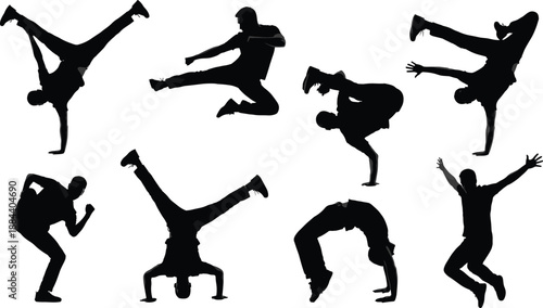Breakdance dancer silhouette set showing hip hop power moves, acrobatic jumps, spins and handstand poses isolated on white background for urban fitness design