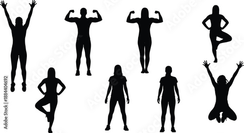 Black human silhouettes showing fitness yoga and strength poses, male and female body positions, exercise wellness collection isolated on whiteBlack human silhouettes showing fitness yoga and 