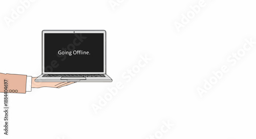 Hand holding a laptop with 'Going Offline' message on screen, symbolizing digital detox, internet disconnection, or a break from online activity.