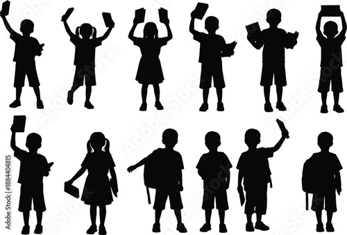 Children reading books silhouette, kids education concept, student learning activity, school knowledge illustration, black child figures isolated background