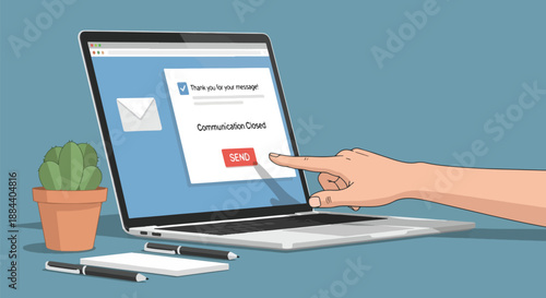 Hand pressing send button on laptop screen for email communication, digital message and online connection concept
