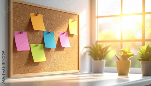 A cork bulletin board filled with colorful sticky notes and educational notes pinned near a sunlit window with a plant on the desk