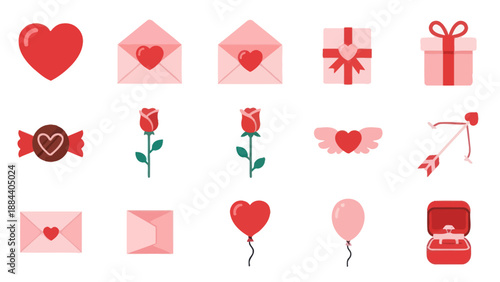 Valentine's Day Icons Set: Hearts, Roses, Gifts, Love Letters, Rings, Arrows