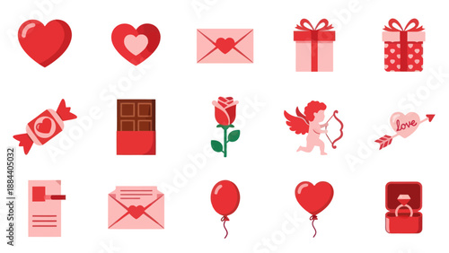 Valentine's Day Icons Set: Hearts, Gifts, Love Letter, Rose, Cupid, Ring
