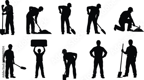 Construction worker silhouette set showing digging, shoveling, lifting and manual labor activities isolated on white background for construction industry, maintenance, workforce and work safety design