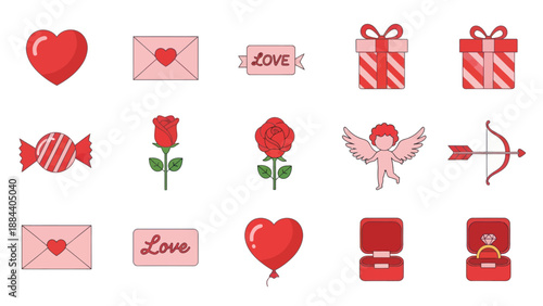 Valentine's Day Icons Set: Love symbols, hearts, gifts, roses, cupid, rings, envelopes