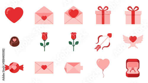 Valentine's Day Icons: Hearts, Roses, Gifts, Envelopes, Candy - Love Symbols Collection