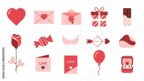 Valentine's Day Icons Set: Heart, Rose, Gift Box, Ring, Chocolate, Love Letter