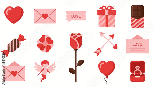 Valentine's Day Icons: Hearts, Love Letters, Roses, Chocolates, Cupid, Gift, Ring