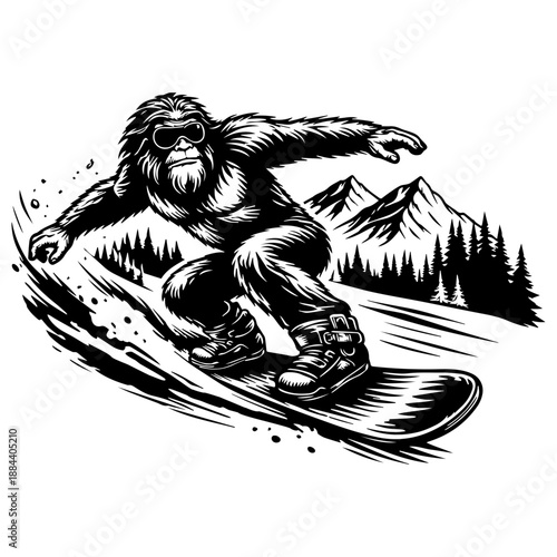 Bigfoot Snowboarding Design - Sasquatch on Snowboard - Yeti Winter Sports Art - Bigfoot Skiing Vector - Skiing Sasquatch Clipart