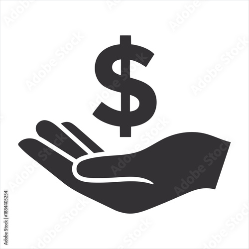 A black and white illustration depicting an open hand gently receiving a dollar sign symbol