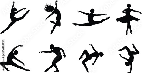 Dancer silhouette set showing ballet and contemporary dance poses with jumps, spins and acrobatic movements isolated on white background for art, fitness, performance design
