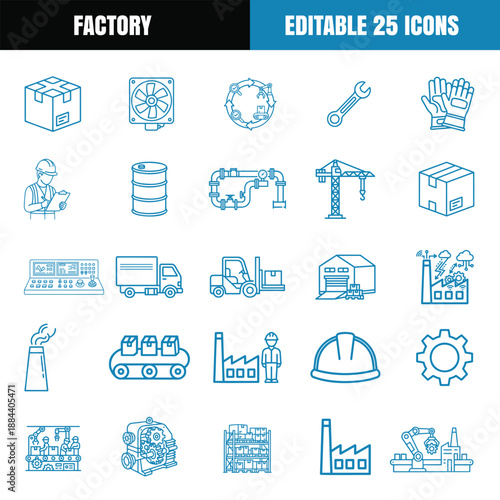 Industrial factory icons collection depicting manufacturing logistics equipment safety and worker elements in blue line style
