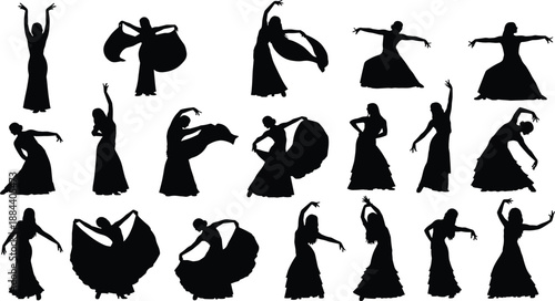 Flamenco dancer silhouette collection, female Spanish traditional dance poses, elegant cultural movement isolated on white background illustration vector set art