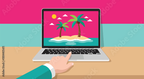 Hand using a laptop to view a tropical island with palm trees and ocean, vibrant flat design illustration