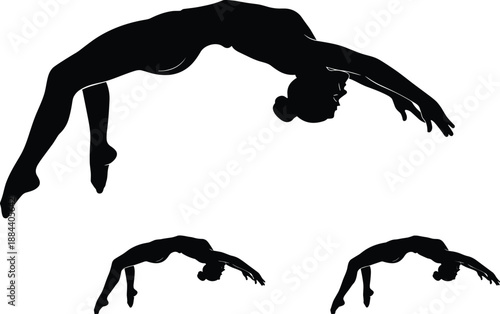 Gymnast backbend silhouette, female flexibility strength pose, acrobatic yoga bridge exercise isolated on white background illustration vector art design set