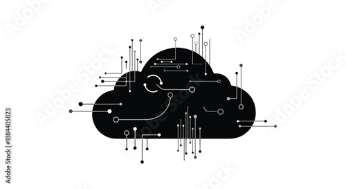 Digital cloud network connection with abstract circuit lines and nodes on white background