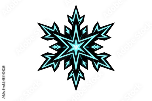 Glowing neon snowflake icon with black outline, representing winter, ice, and cold, on a transparent background