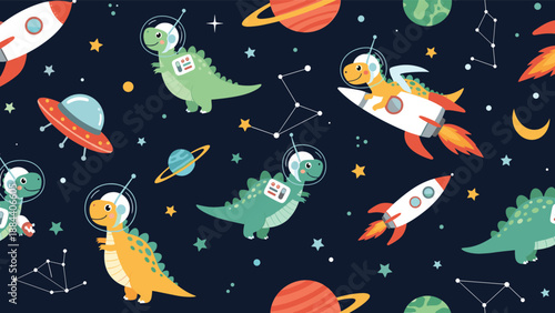 Seamless pattern with cute cartoon dinosaurs in astronaut space suits wandering among planets and stars on a dark background.