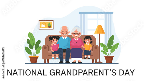 Happy grandfather and grandmother sitting on a comfortable sofa with their two young granddaughters for national grandparents day.