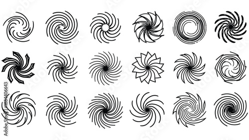 Collection of diverse black and white spiral geometric patterns and radial line art designs isolated on a plain white background.