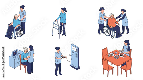 Isometric set of professional caregivers and nurses assisting elderly people with walking feeding and using a wheelchair in a care home.