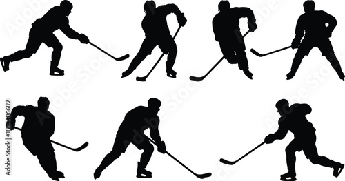 Ice hockey player silhouette set showing skating, stick handling and shooting action poses isolated on white background for sports, competition, fitness design use