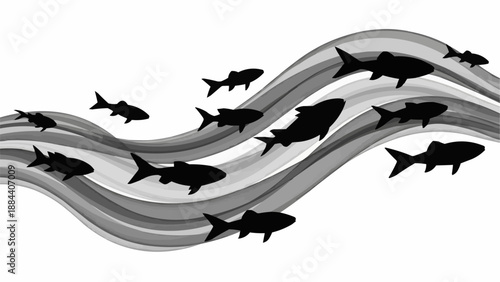 School of fish swimming in abstract wavy water pattern.