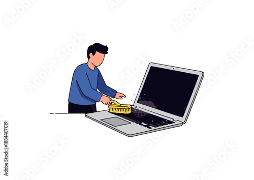 Illustration of a person cleaning a laptop with a brush, symbolizing digital hygiene and device maintenance