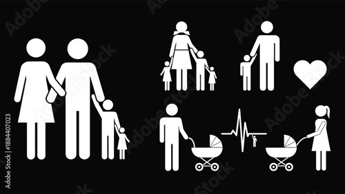 Set of white pictograms on black background illustrating various stages of family life love and caring for children and babies.