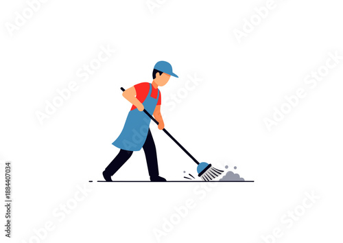 Vector illustration of a dedicated worker sweeping up dirt with a broom, highlighting the essential role of hygiene and diligent maintenance in various environments