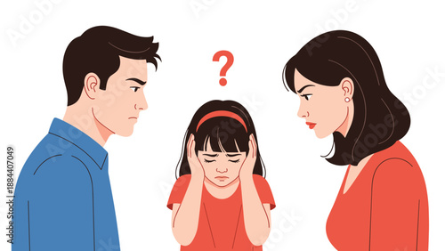 Young girl covering her ears with a confused and sad expression while her parents are arguing in the background illustration.