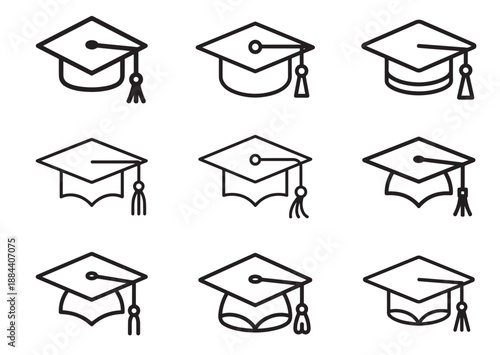 Graduation cap Line Art Icon Set, Outline Stock Vector Illustration