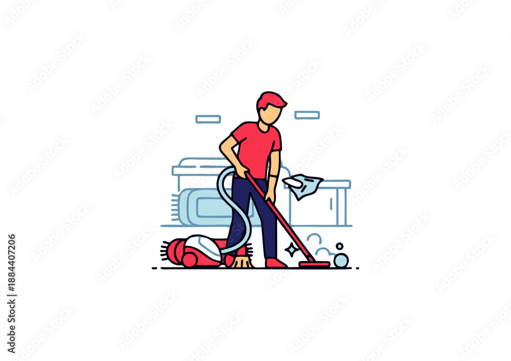 Obraz premium A vibrant vector illustration depicting a diligent man performing essential household cleaning tasks, skillfully using a vacuum cleaner to maintain a spotless and organized living space