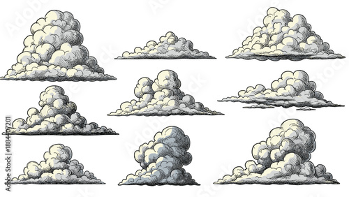 Collection of detailed hand drawn clouds in various shapes and sizes in a vintage sketch style isolated on a plain white background.