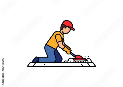 Vibrant illustration depicting a dedicated individual on their knees, using a brush to vigorously clean a sudsy surface, symbolizing thorough upkeep and diligent household maintenance