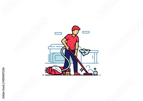 A vibrant vector illustration depicting a diligent man performing essential household cleaning tasks, skillfully using a vacuum cleaner to maintain a spotless and organized living space