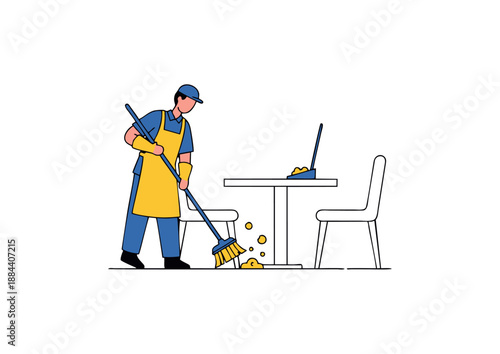 A man in uniform wearing yellow gloves and an apron is cleaning the floor with a broom in a cafe or restaurant setting