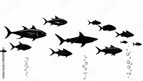 School of fish and shark silhouette illustration.