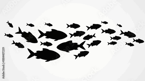 School of fish silhouette swimming together in unison.