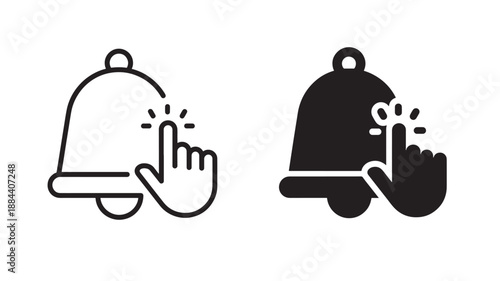 Two bell icons with hand touching line and filled on transparent background silhouette
