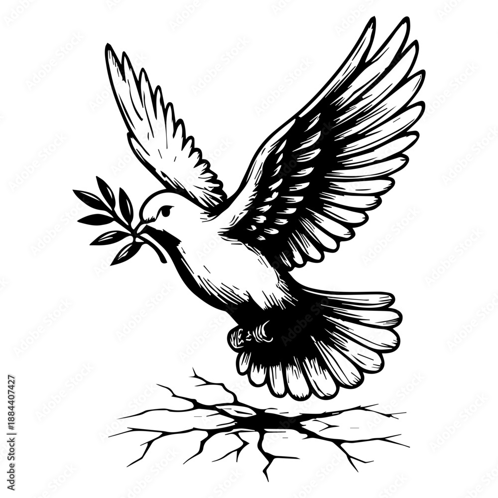 Obraz premium Dove with Olive Branch - Peace Dove Flying - Bird with Leaves in Mouth Design - Olive Branch pigeon - Peace Symbol Clipart - Bird Carrying Leaves design
