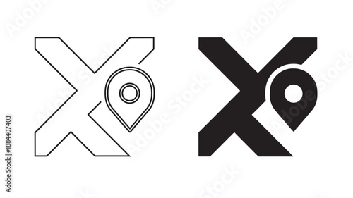 Two intersecting x icons with location pin line and fill on transparent background silhouette