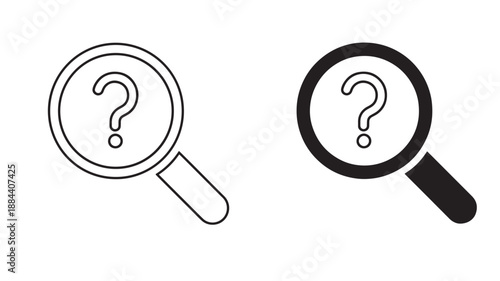 Two magnifying glasses with question marks outline and filled on transparent background silhouette