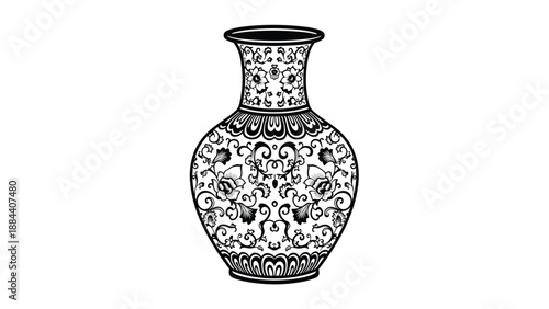 Intricate black and white line art illustration of a traditional Chinese porcelain vase decorated with ornate floral and wave patterns.