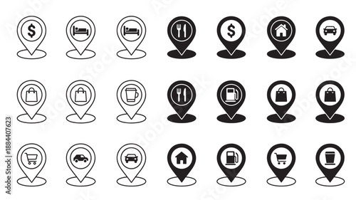 Location icons with various symbols perfect for maps on transparent background silhouette